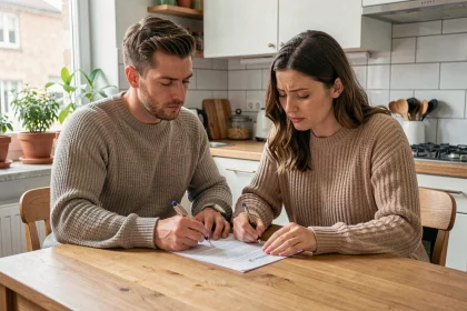 Couple signant un certificat de concubinage à la maison sur une table en bois