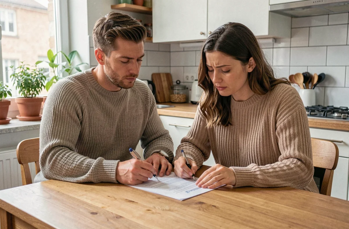 Couple signant un certificat de concubinage à la maison sur une table en bois