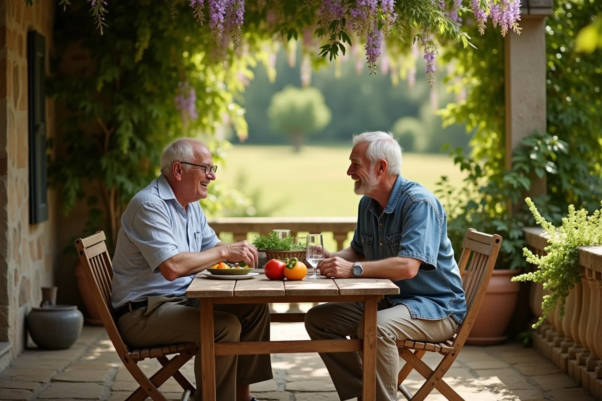 Deux hommes partageant un repas sur une terrasse de jardin en France, illustrant la vie de couple discrète et sereine d'une célébrité loin des projecteurs