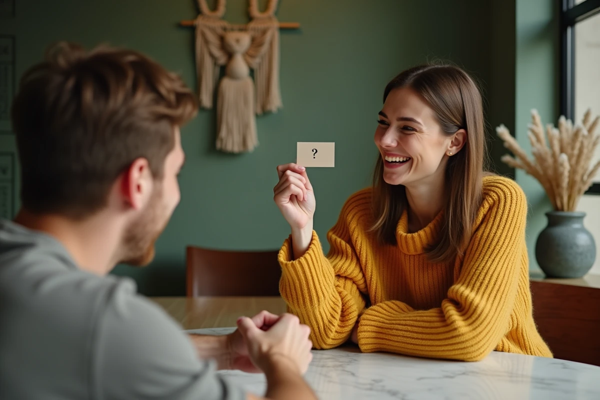 Couple jouant au jeu Les Zamours en tête-à-tête, une femme tenant une carte question et souriant à son partenaire amusé