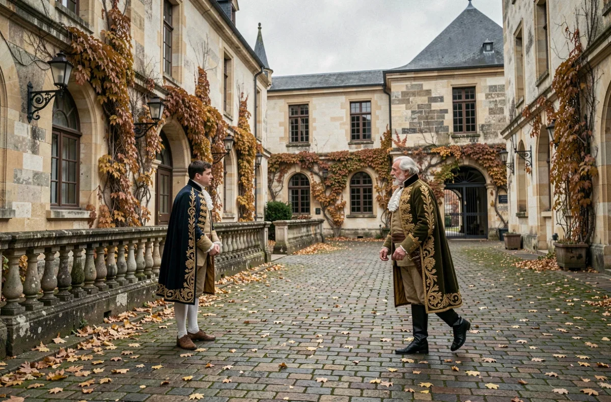 Scène extérieure dans la cour d'un château royal français au XVIIe siècle avec deux personnages en costume d'époque évoquant la pression politique sous le règne de Louis XIII