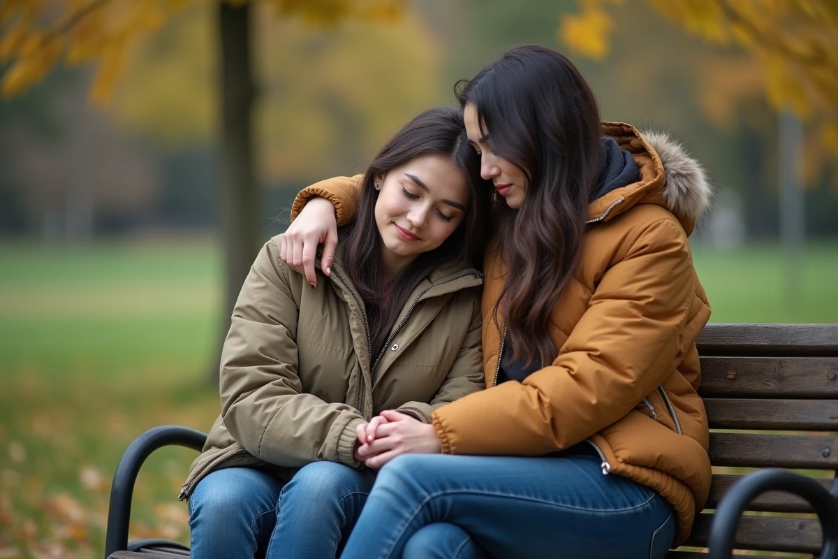 Deux femmes se réconfortent sur un banc dans un parc