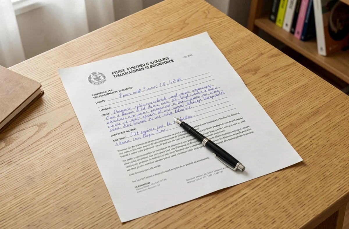 Document de certificat de concubinage posé sur un bureau avec un stylo et des lunettes