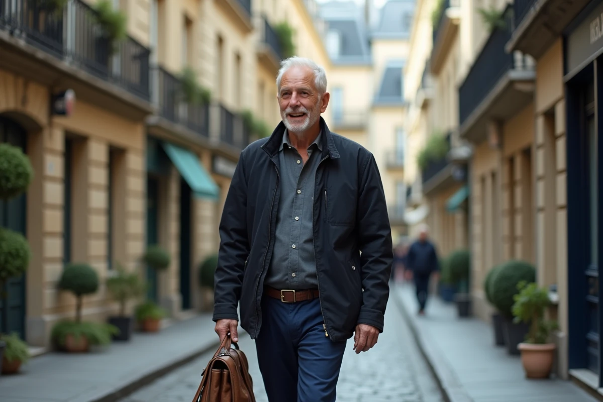 Homme français discret marchant dans une rue pavée parisienne, illustration de la vie quotidienne et familiale loin des projecteurs