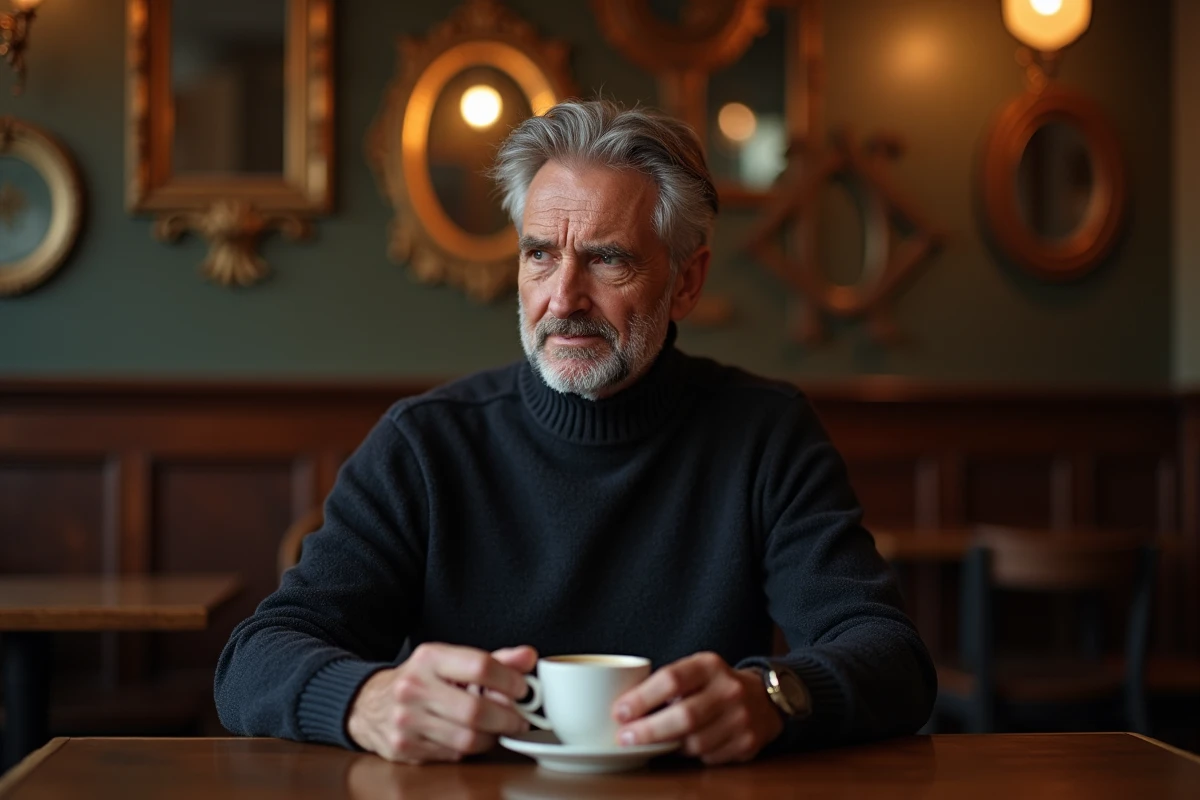 Portrait intimiste d'un homme français d'âge mûr dans un café parisien, évoquant la vie privée et la discrétion