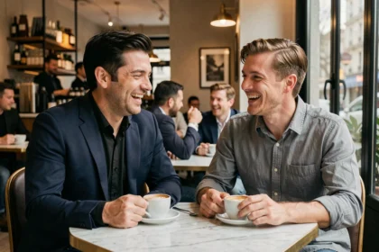 Deux hommes élégants discutant ensemble dans un café parisien moderne, illustrant un duo médiatique complice
