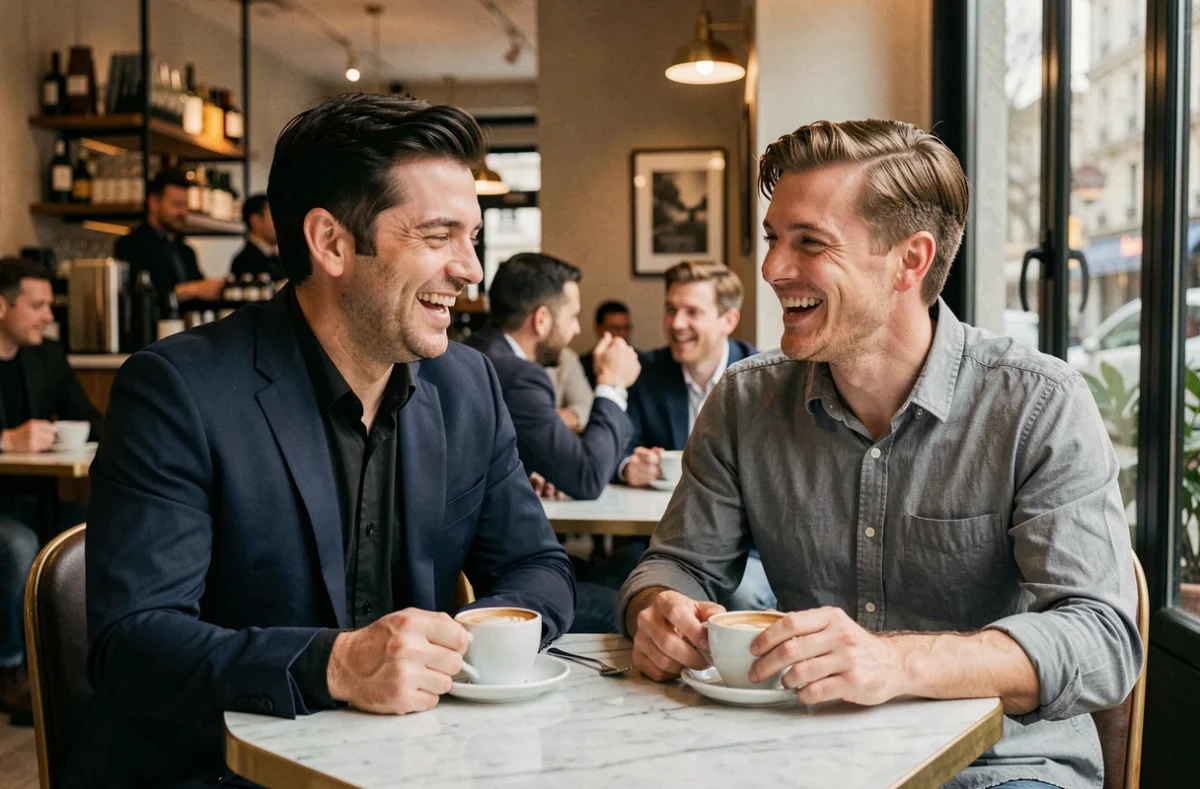 Deux hommes élégants discutant ensemble dans un café parisien moderne, illustrant un duo médiatique complice