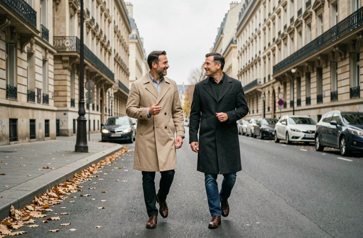 Deux hommes marchant ensemble sur un boulevard parisien en automne, image candide et naturelle d'un duo public
