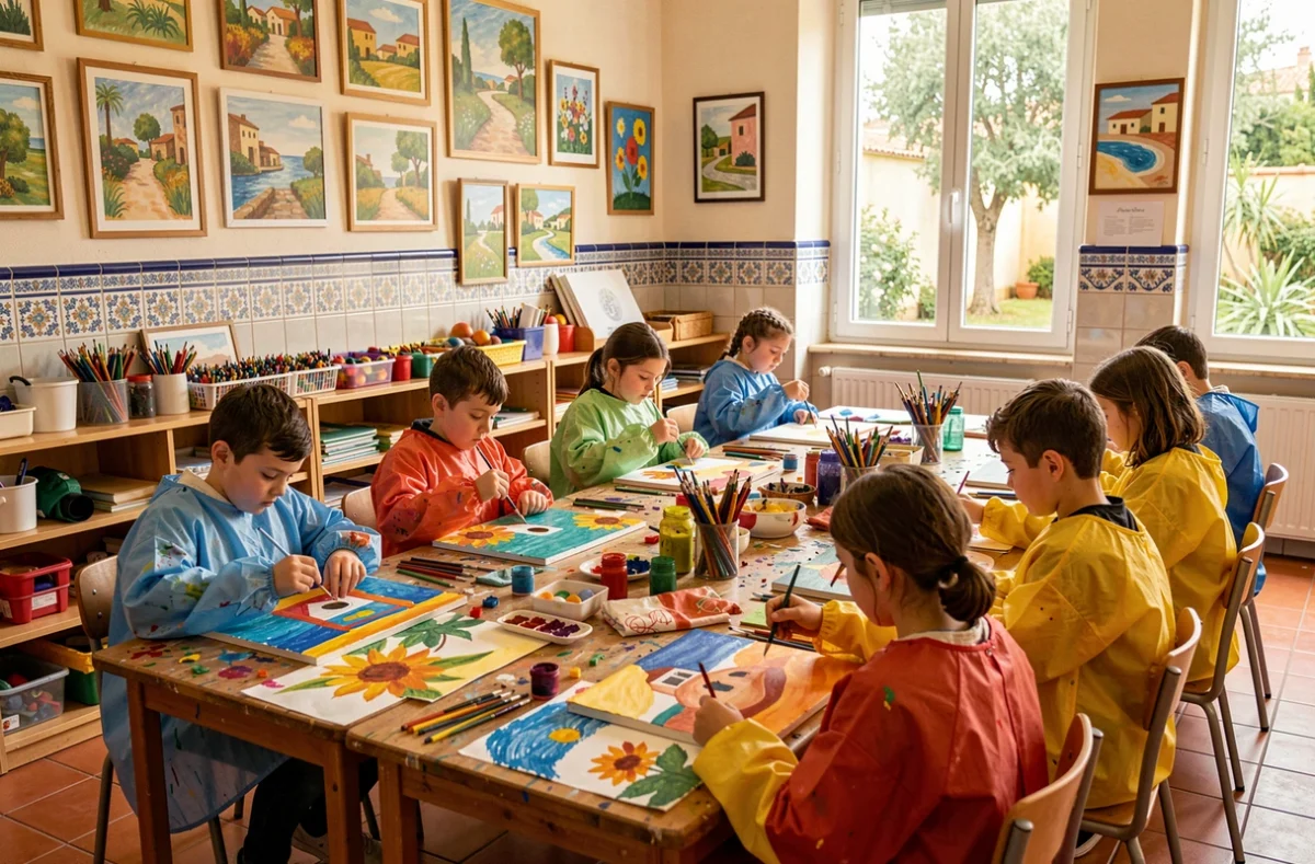 Cours d'arts plastiques à l'École Marie Joseph à Nice avec des enfants peignant des œuvres méditerranéennes colorées