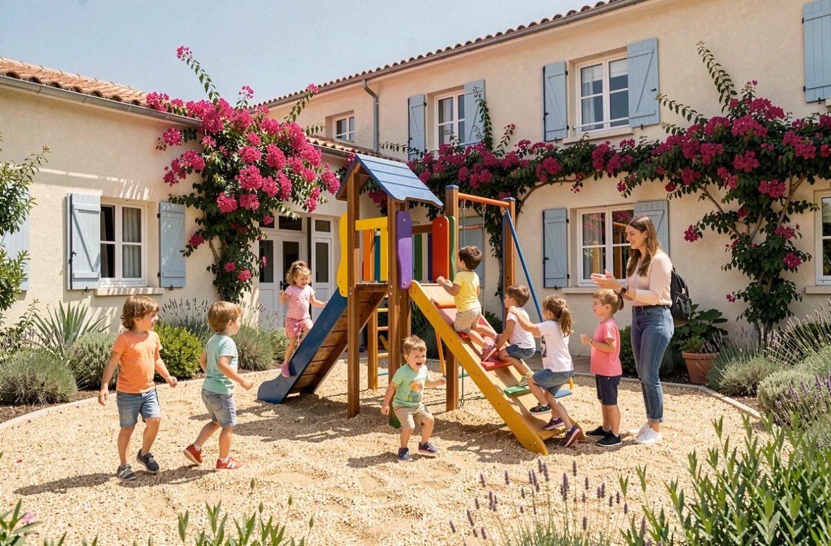 Cour de récréation de l'École Maris Stella dans les Alpes-Maritimes avec enfants jouant et enseignante bienveillante
