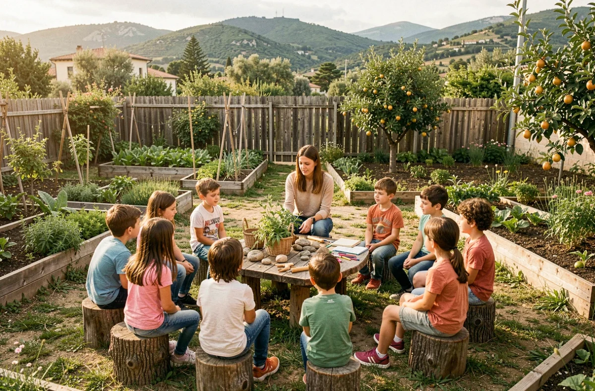 Apprentissage en plein air à l'École Mistral Gagnant dans les Alpes-Maritimes avec des enfants et une éducatrice dans un jardin pédagogique