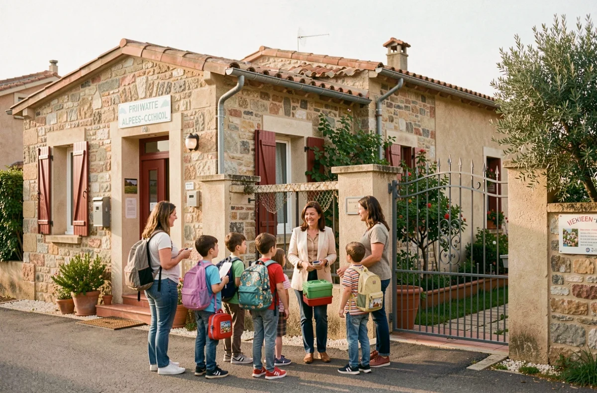 Entrée de l'École Saint Barthélémy dans les Alpes-Maritimes avec familles et directrice lors de l'accueil matinal