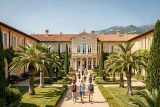 Vue d'ensemble d'une école privée dans les Alpes-Maritimes avec architecture méditerranéenne et élèves dans la cour
