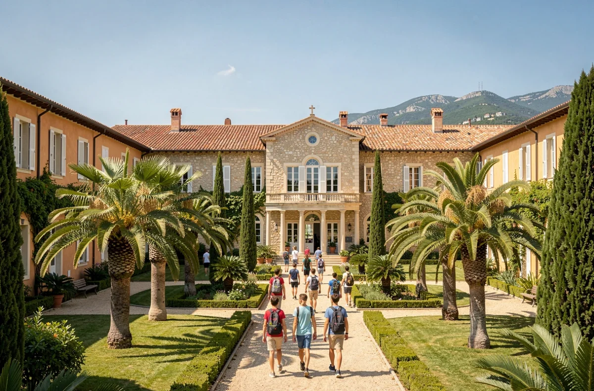 Vue d'ensemble d'une école privée dans les Alpes-Maritimes avec architecture méditerranéenne et élèves dans la cour