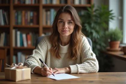 Femme écrivant un message de remerciement manuscrit sur du papier épais à côté d'un cadeau emballé, dans un bureau cosy et chaleureux