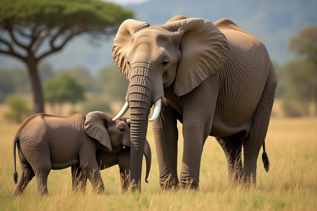 Elephante femelle avec ses deux jeunes calves dans la savane