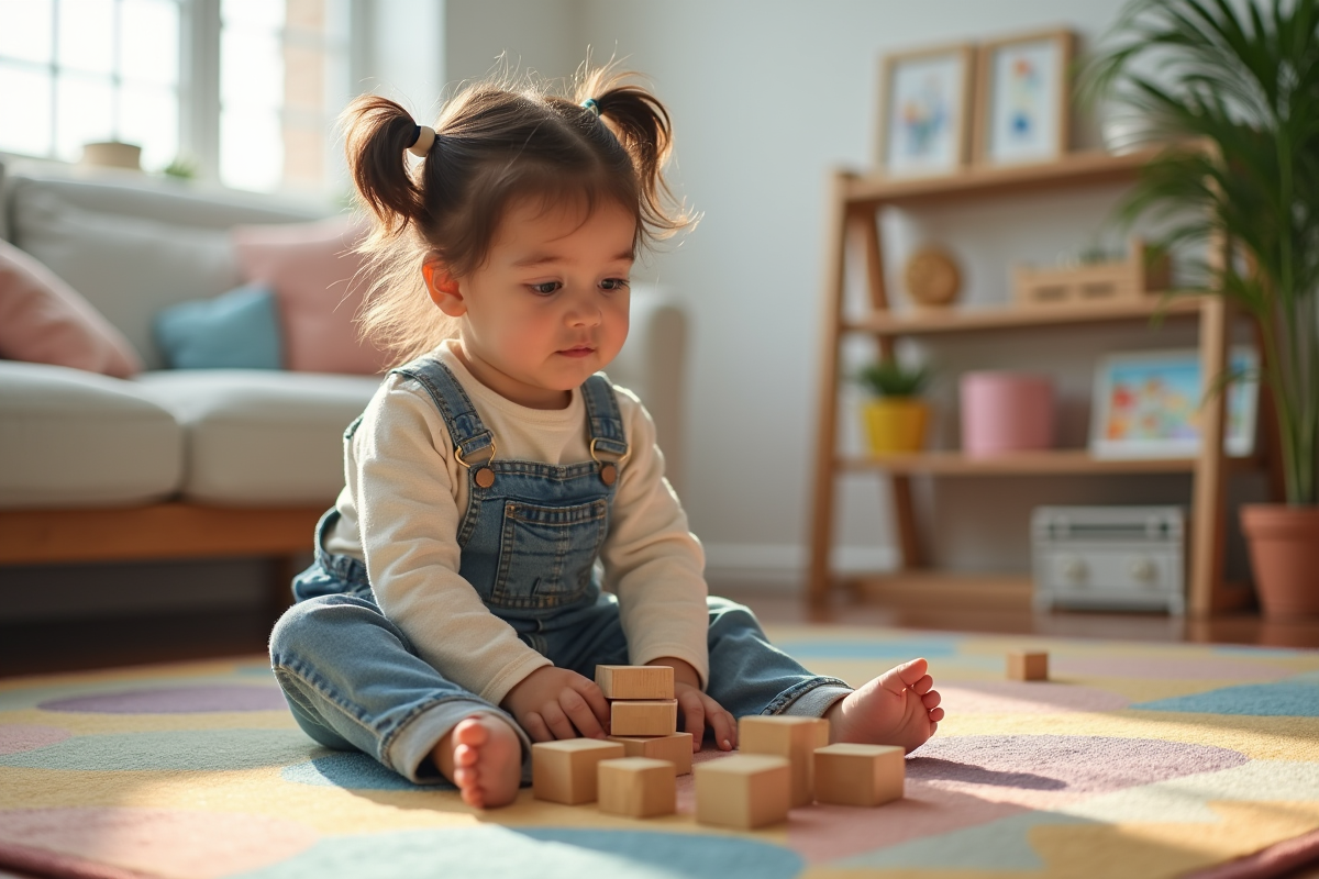 Fille de deux ans joue calmement avec des blocs en coton dans un salon lumineux