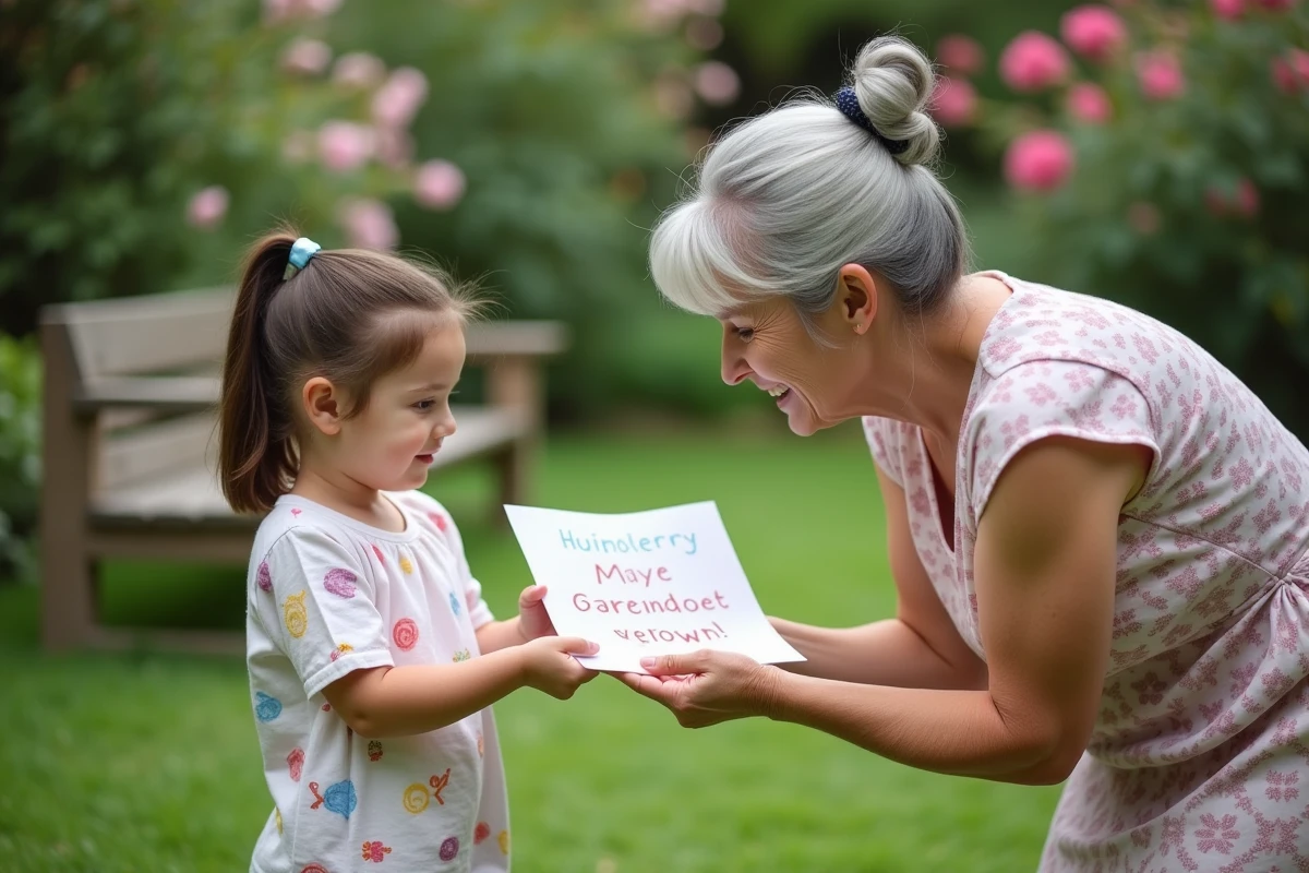 Enfant offrant un poème à sa grand-mère dans le jardin