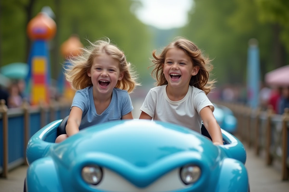 Deux enfants souriants en train de faire un tour d'attraction au Parc des Schtroumpfs
