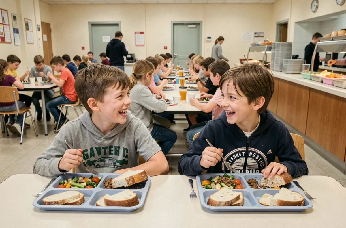 Enfants déjeunant à la cantine scolaire, illustrant les frais de repas déductibles des impôts