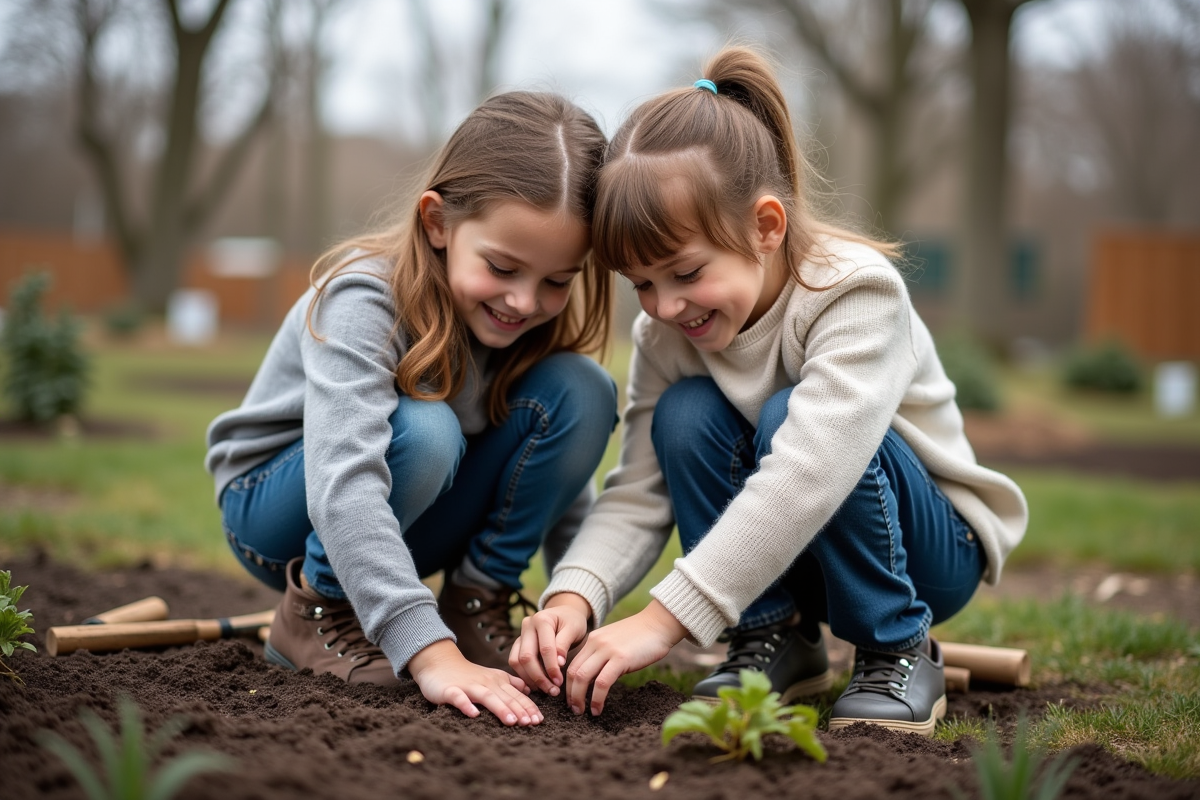 Deux enfants plantant des graines dans un jardin en plein air