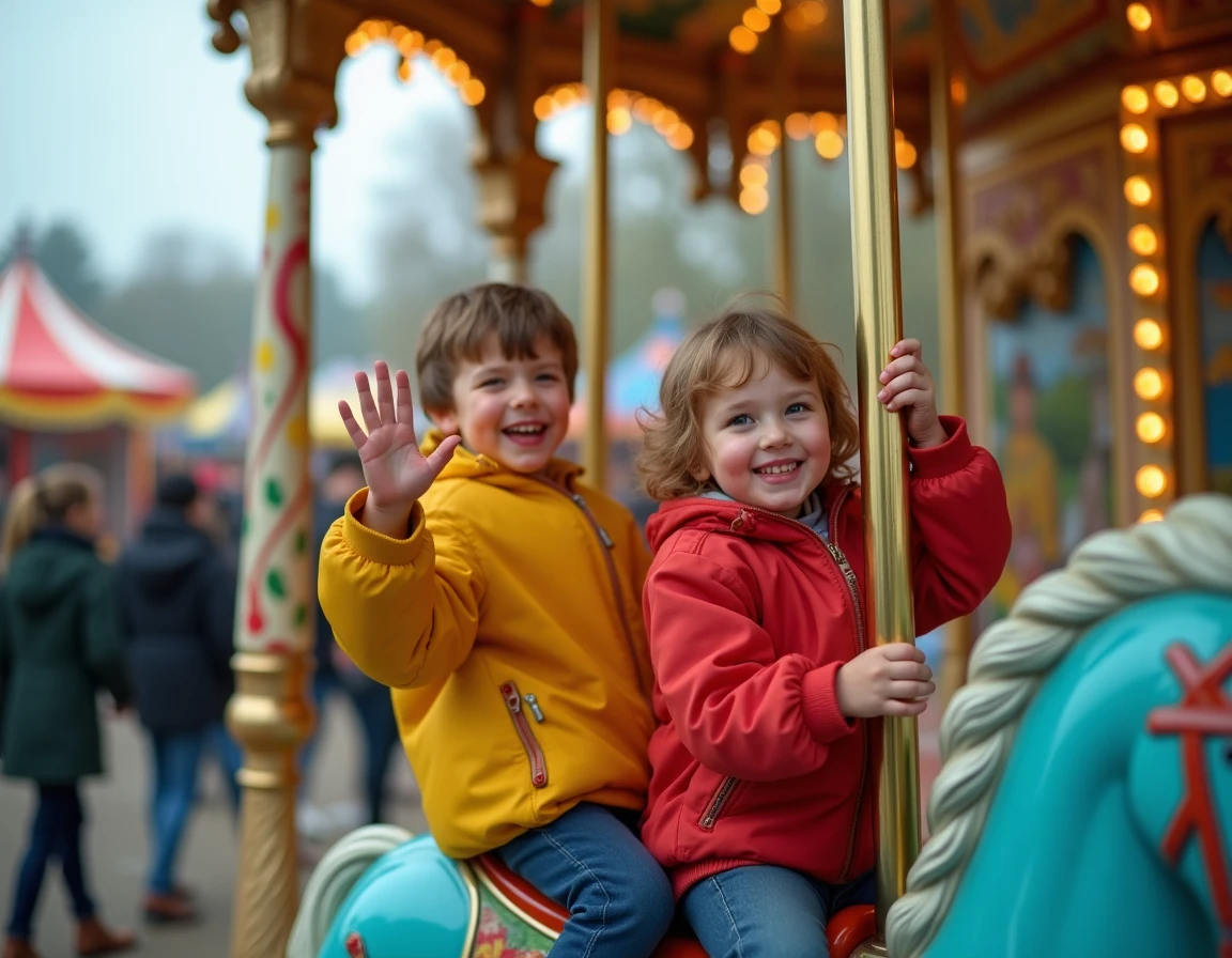 Deux enfants souriants sur un manège traditionnel à la Foire aux Manèges de Lille 2026