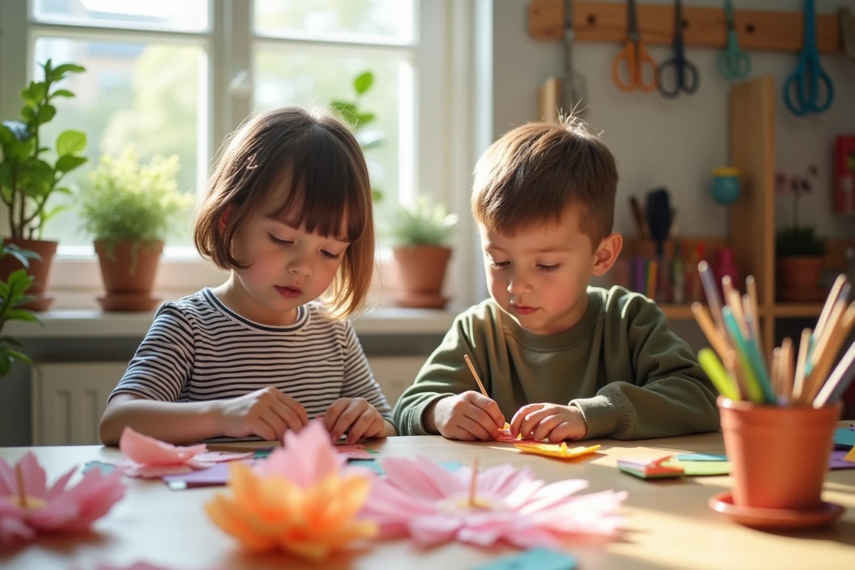 Deux enfants de maternelle fabriquant des fleurs en papier crépon pour offrir à leur maman lors de la fête des mères