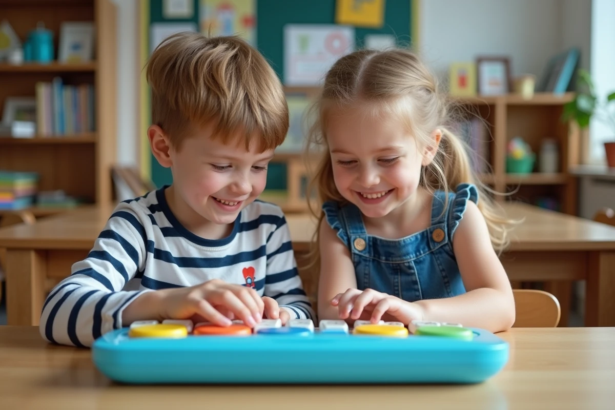 Deux enfants jouant avec un jouet éducatif de dactylographie moderne