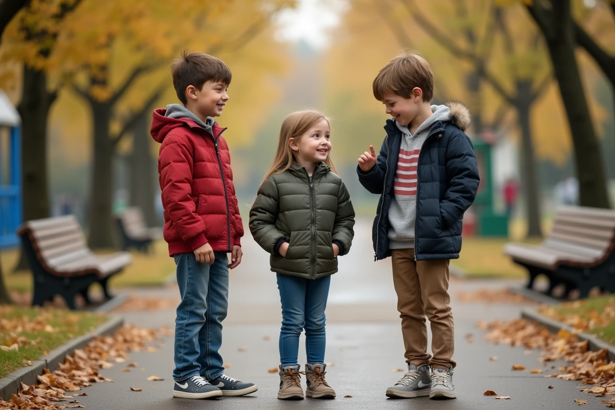 Trois enfants jouent et discutent dans un parc calme et verdoyant