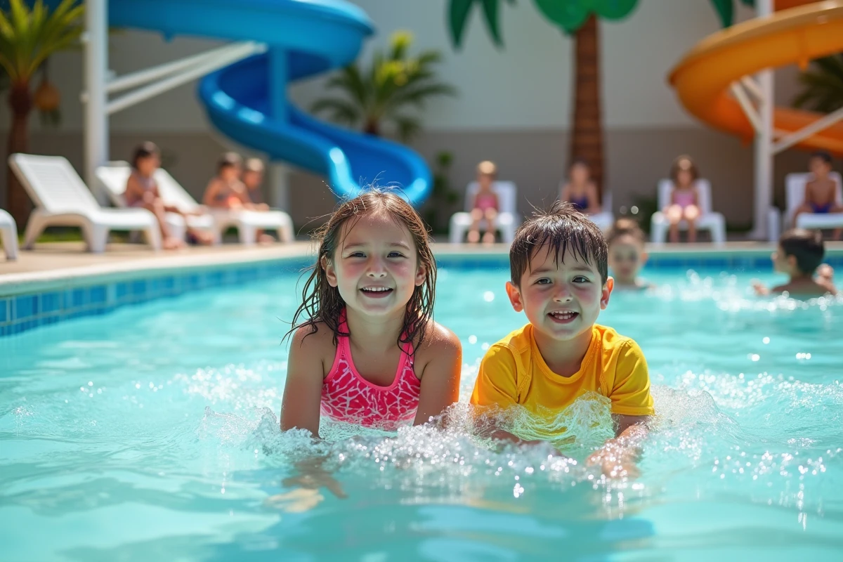 Enfants qui s'amusent dans la piscine à vagues d'un parc aquatique couvert
