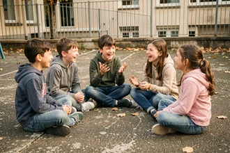 Groupe d'enfants de 8 ans riant ensemble dans une cour de récréation en France