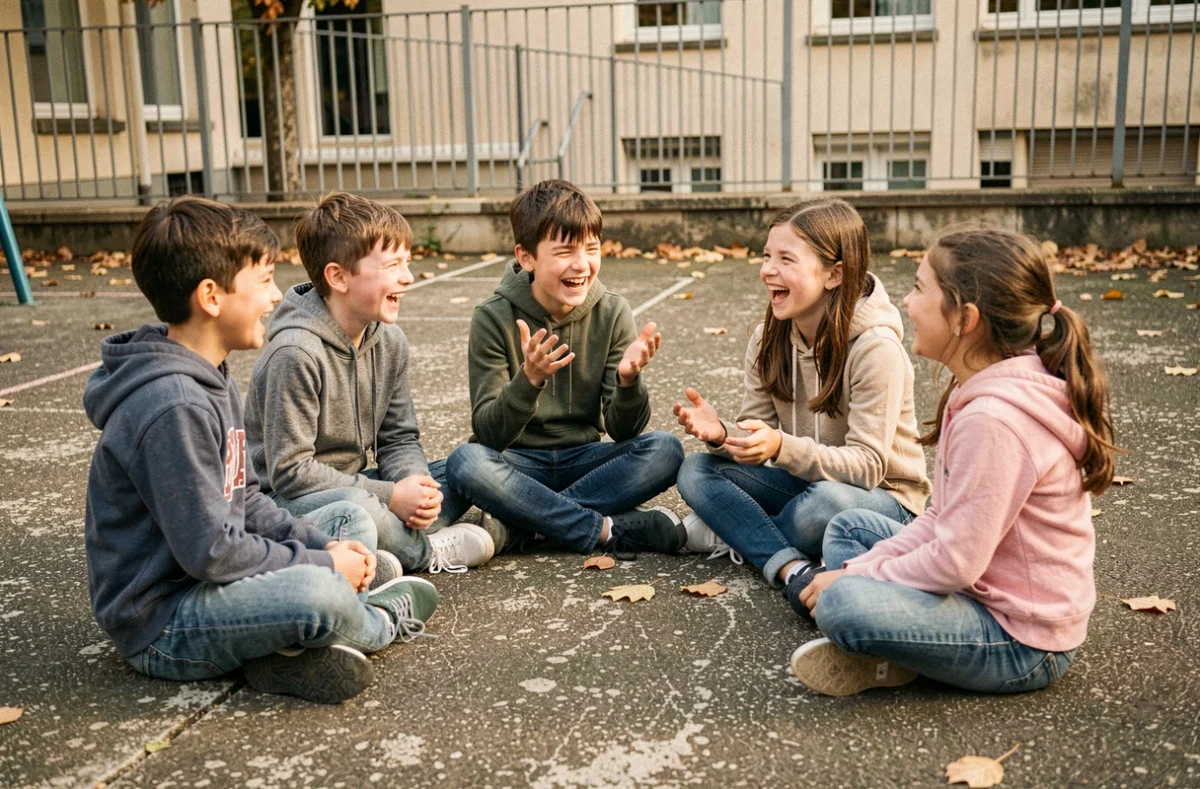 Groupe d'enfants de 8 ans riant ensemble dans une cour de récréation en France