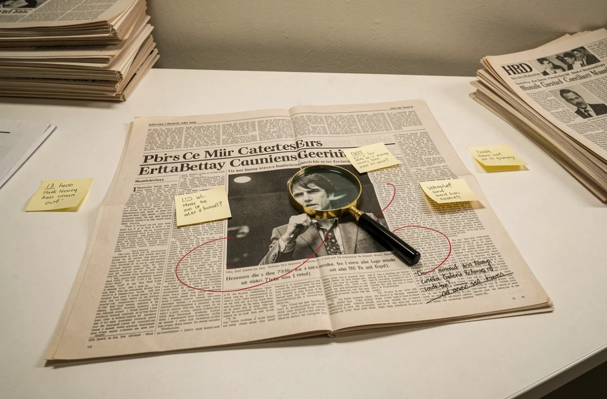 Étalage de documents journalistiques avec une photo granuleuse d'un chanteur des années 70 annotée au crayon rouge, illustrant une enquête sur l'authenticité d'une image virale