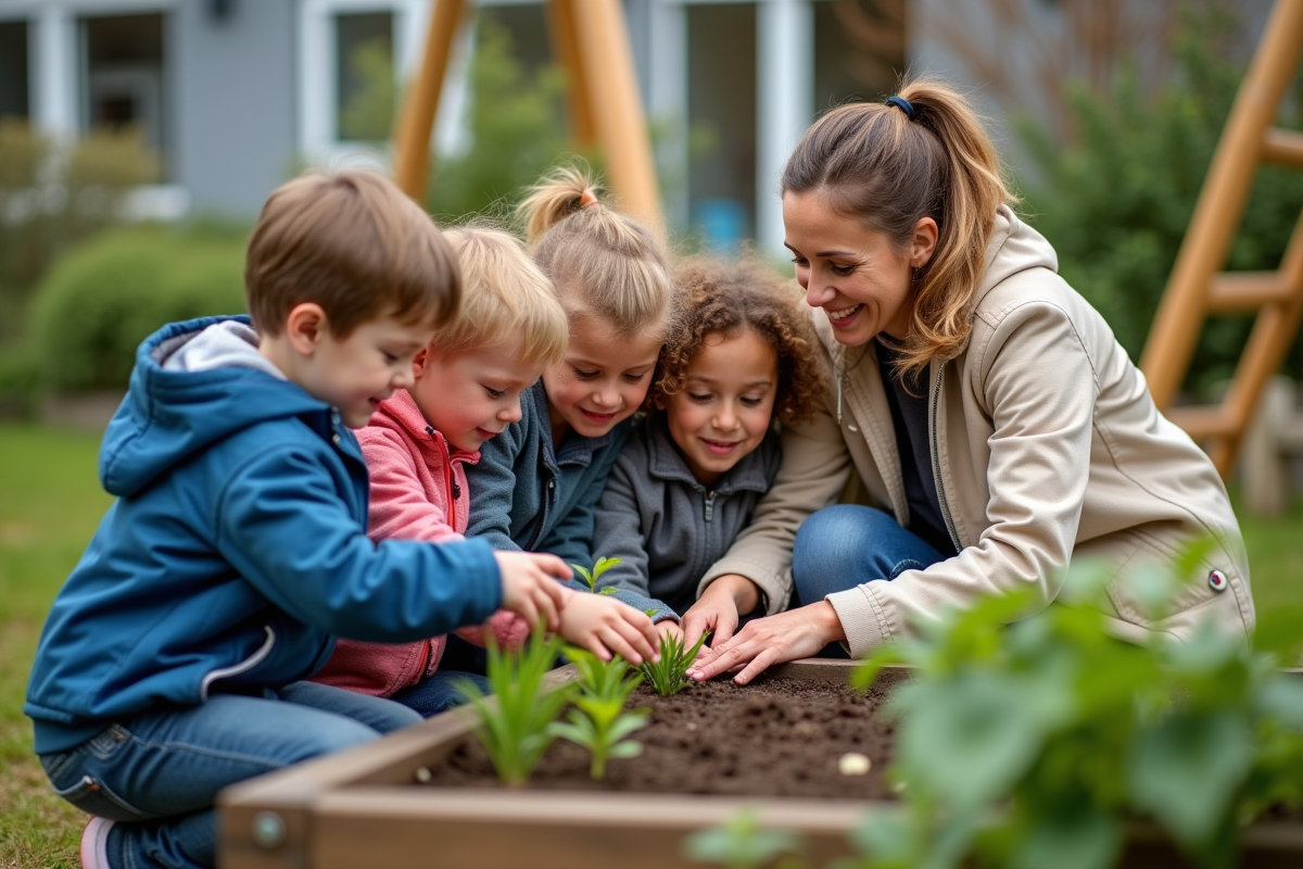 Enseignante guidant des enfants dans un jardin scolaire
