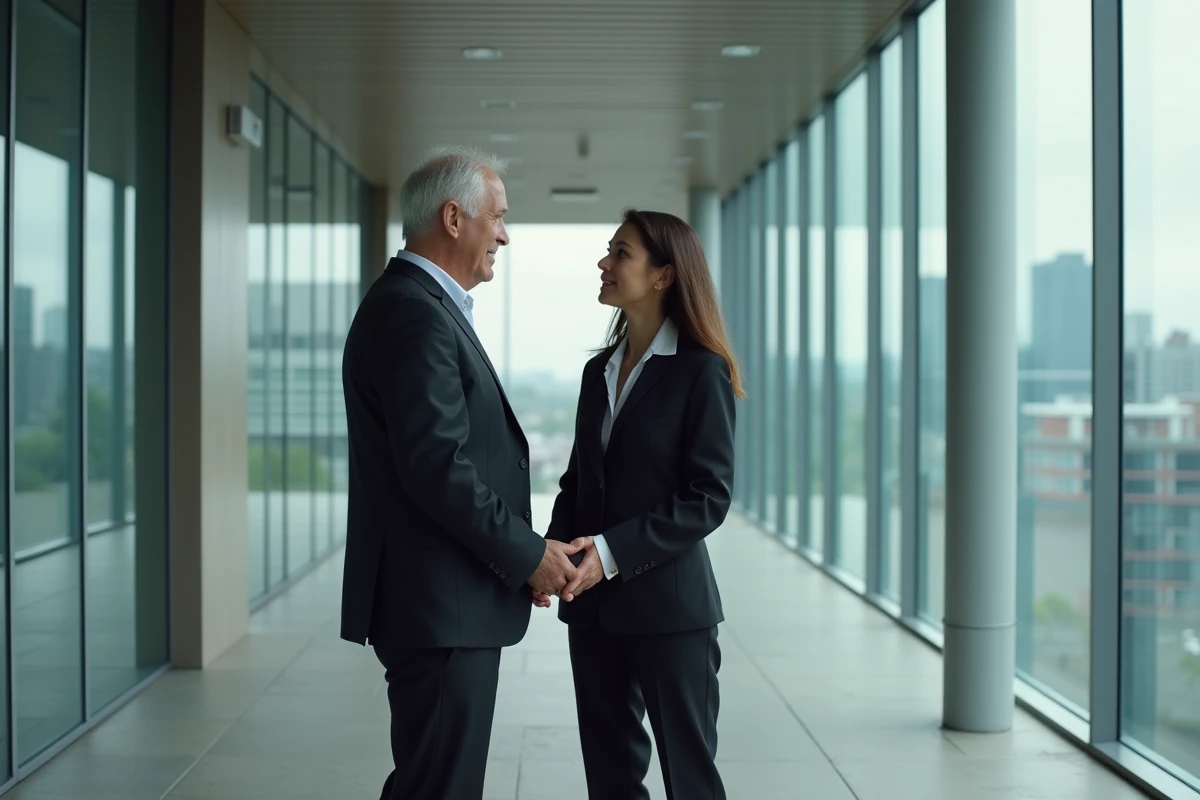 Homme et femme en discussion dans un couloir vitré avec vue urbaine