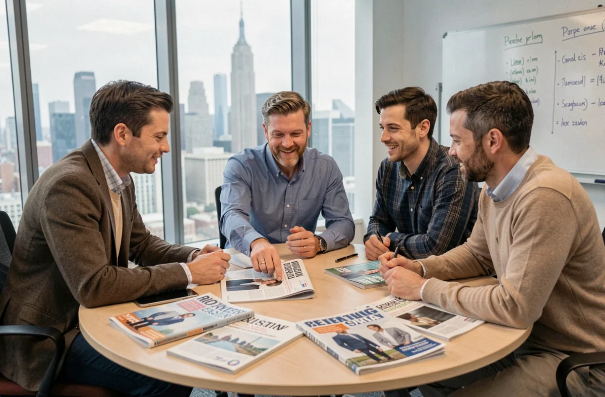 Équipe de professionnels discutant autour de magazines d'abonnement entreprise dans une salle de réunion vitrée