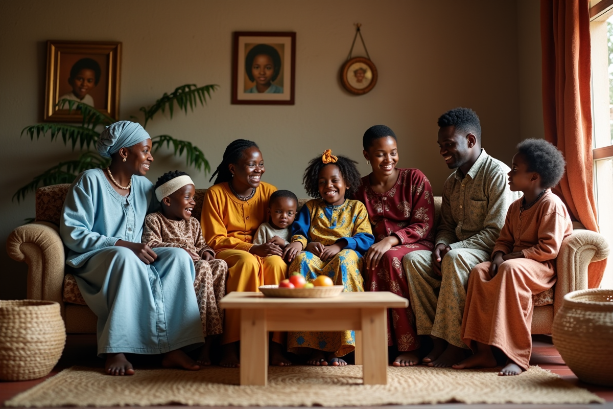 Famille africaine multigenerations réunie dans le salon