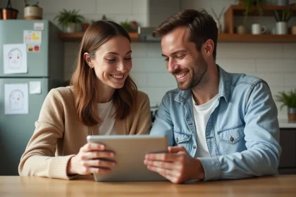 Une famille souriante partage une tablette dans la cuisine moderne