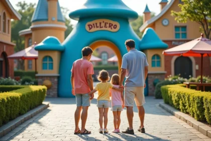 Famille avec enfants devant l'entrée colorée du Parc des Schtroumpfs, ambiance féerique et joyeuse