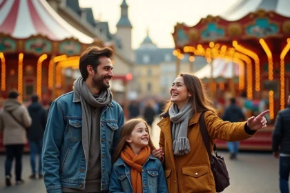 Famille joyeuse devant les manèges colorés de la Foire aux Manèges de Lille en automne