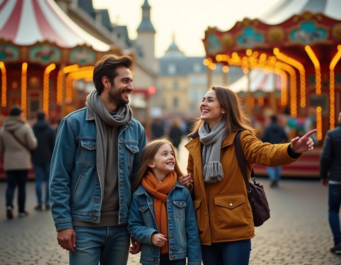Famille joyeuse devant les manèges colorés de la Foire aux Manèges de Lille en automne