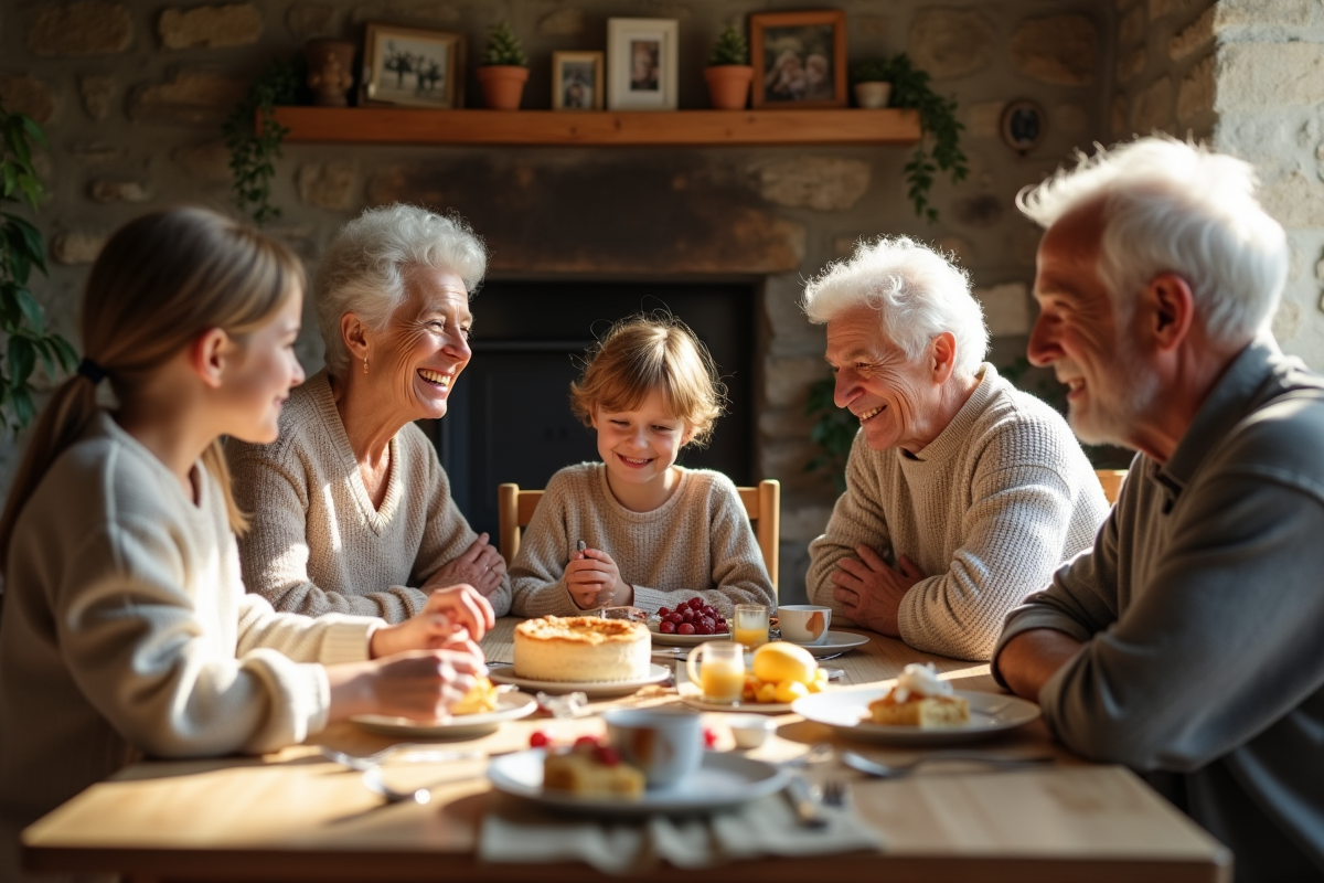 Trois générations de famille autour d'une table en bois rustique