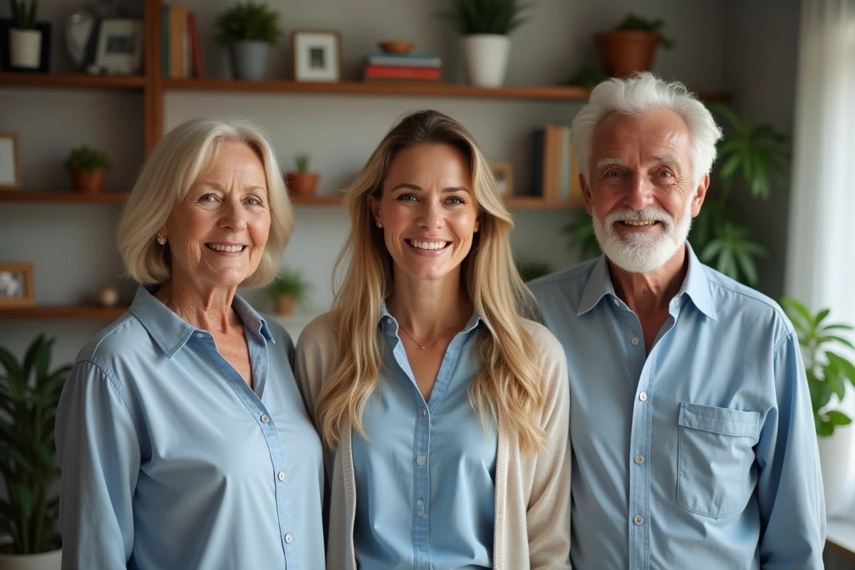 Famille souriante dans un salon chaleureux et moderne
