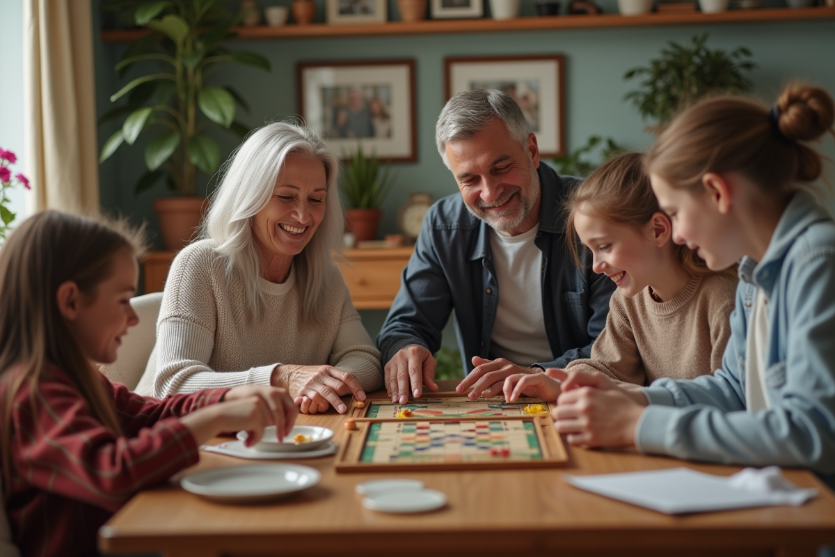 Famille de quatre générations jouant à un jeu de société dans un salon chaleureux