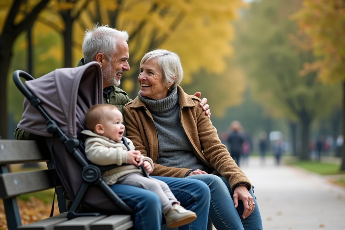Famille assise sur un banc dans un parc urbain avec bébé