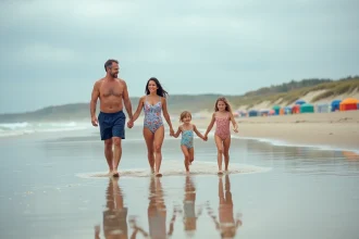 Famille avec enfants qui se promène sur la plage du Touquet-Paris-Plage par temps nuageux