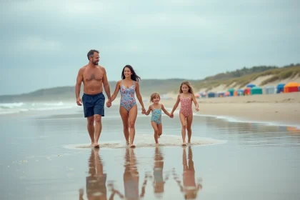 Famille avec enfants qui se promène sur la plage du Touquet-Paris-Plage par temps nuageux