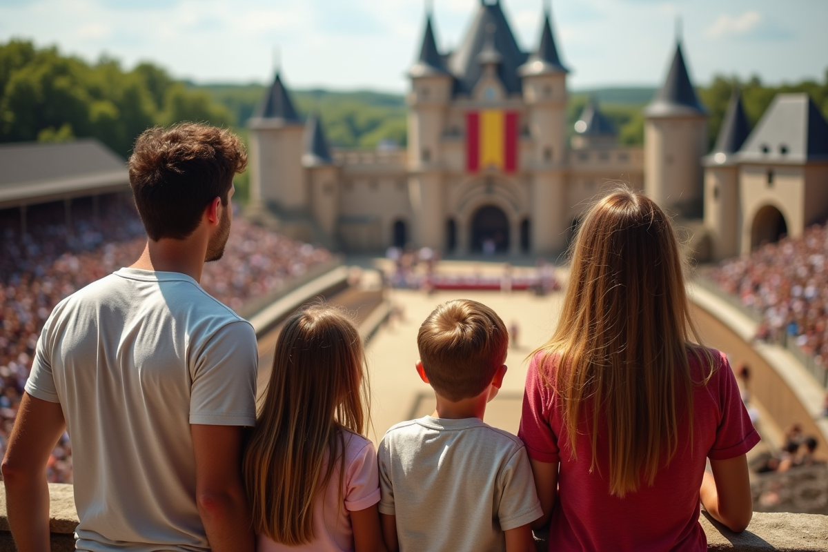 Famille émerveillée regardant une reconstitution médiévale à Puy du Fou