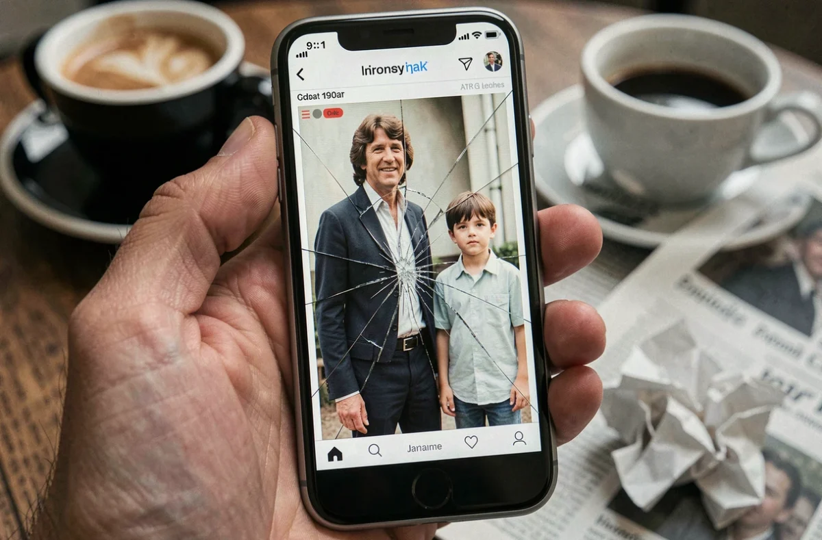 Smartphone affichant une photo ancienne et suspecte d'un chanteur célèbre avec un enfant, illustrant la manipulation d'images numériques et les faux visuels viraux