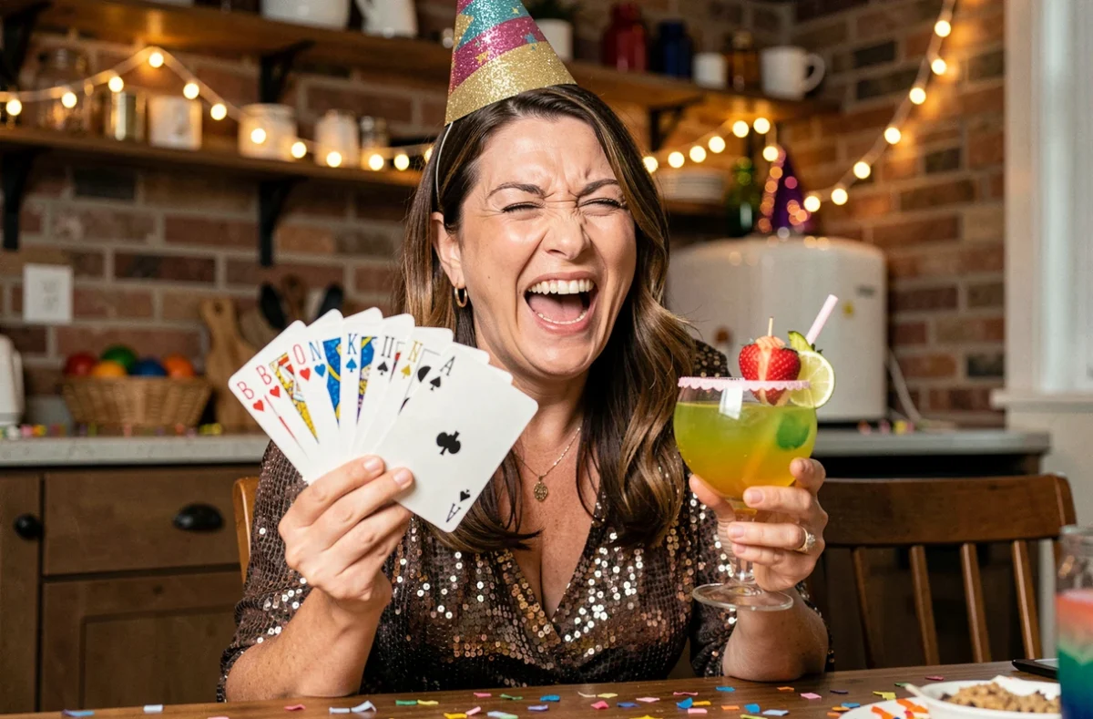 Femme adulte hilare avec chapeau de fête tenant des cartes à jouer lors d'une soirée anniversaire